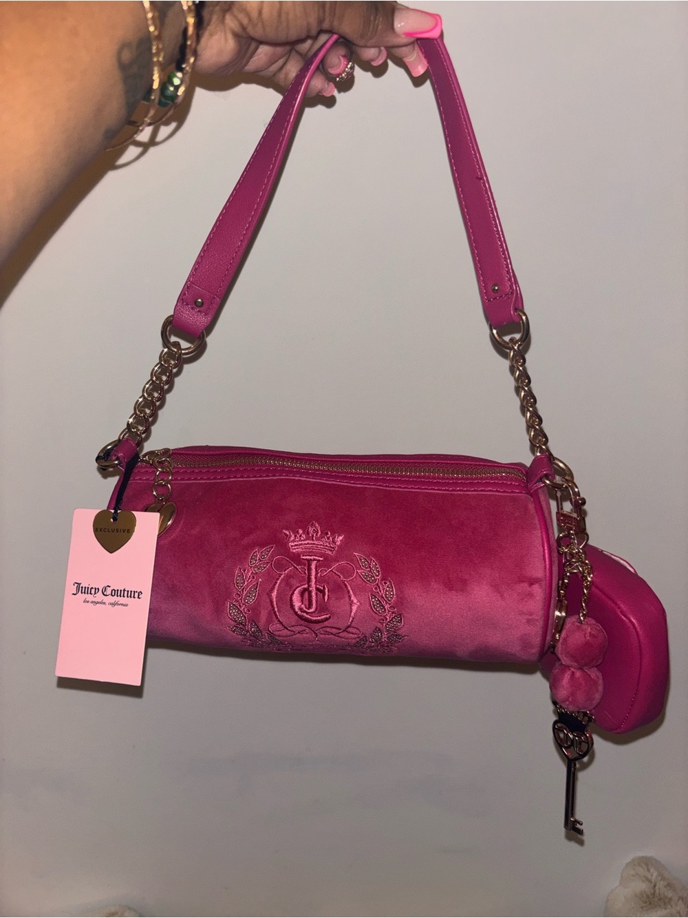 Juicy Couture Hot Pink Velvet Barrel Bag with Gold Accents